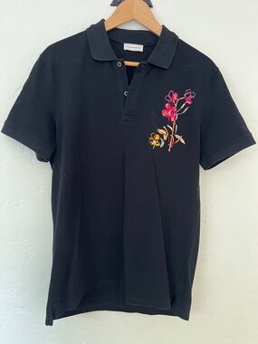 Alexander McQueen Men's Black Polo Shirt with Pink Floral Embroidery
